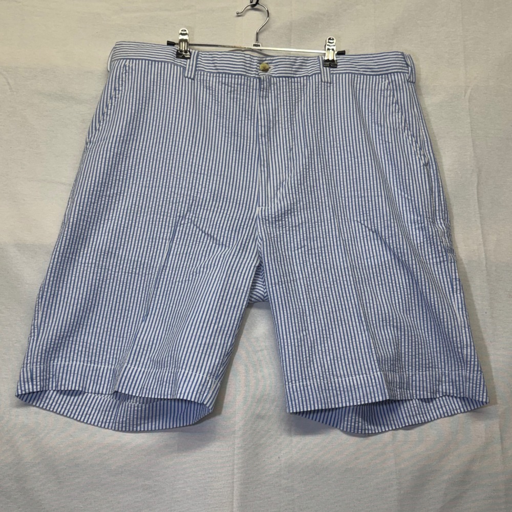 Alan Flusser Mens Blue White Striped Seersucker Shorts Cotton Flat Front Size 40
